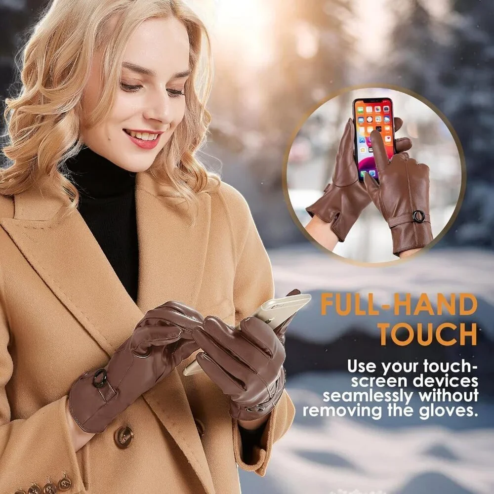 Women's Winter Leather Gloves Texting Warm Driving Lambskin Gloves Light Brown